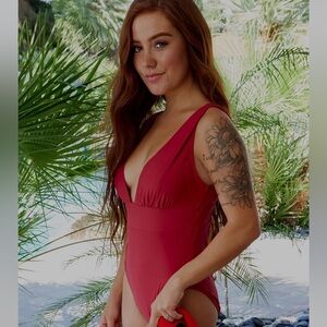 NWT Dixxon Deep Cut Plunge Burgundy Red One Piece Swimsuit